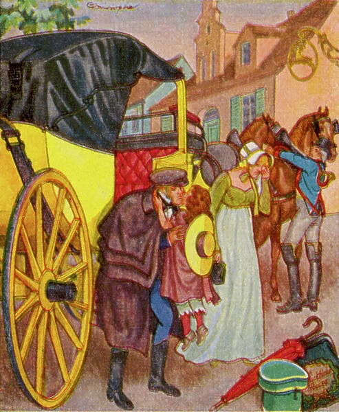 Abreise In Der Kalesche  /  Departure in the carriage (colour litho)