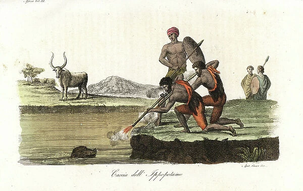 Abyssinians hunting hippopotamus with muskets and spears. Handcoloured copperplate engraving by Antonio Sasso from Giulio Ferrario's Ancient and Modern Costumes of all the Peoples of the World, 1843