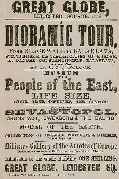 Advert for a Dioramic Tour from Blackwall to Balaklava, with tableaux of the principal cities of Europe (engraving)