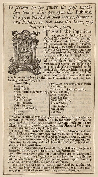 Advert for Edward Pinchbeck, Musical Clock, Fleet Street, London, from 1734 (engraving)