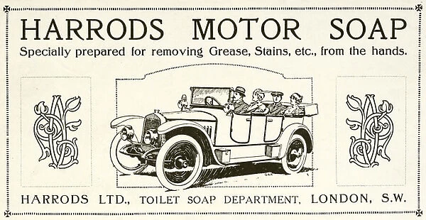 Advertisement for Harrods motor soap (litho)