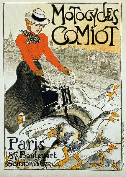 Advertising poster for Comiot motorcycles. A young woman on a moped rolls among a group