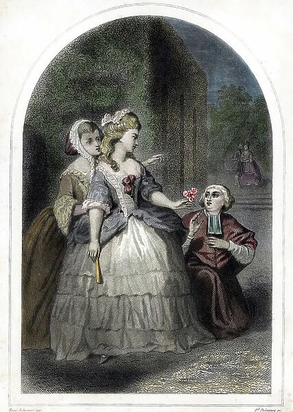 Affair of the Queen's Necklace: The Rendez-vous of Louis Rene Edouard de Rohan (Cardinal de Rohan) 1734-1803) and the prostituee Nicole Leguay d'Oliva deguisee in Marie Antoinette on the night of August 11