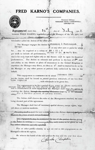 Agreement made between Fred Karnos Companies and Charles Chaplin, 25th July 1908