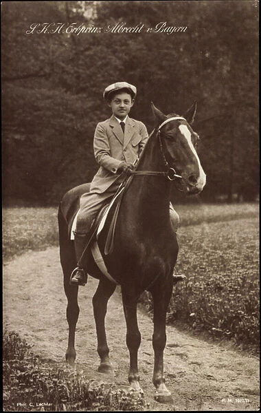 Ak S. K. H. Hereditary Prince Albrecht of Bavaria on Horseback, Beret (b  /  w photo)