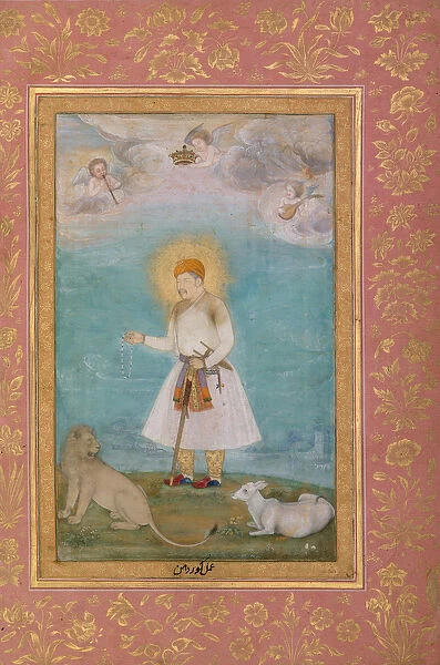 Akbar with Lion and Calf, c. 1630 (ink, opaque, w  /  c and gold on paper)