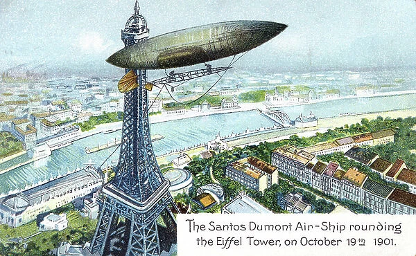 Alberto Santos-Dumont in his airship in paris, 1901 (chromo)