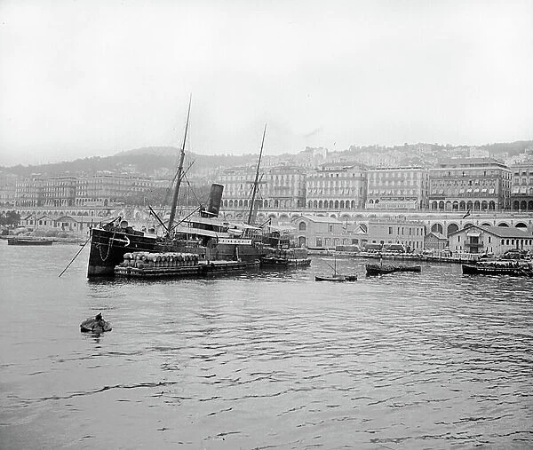 Algeria, Algiers: commercial boat in the port of Algiers with 2 barges filled with bitumen cans ready to be loaded, 1903