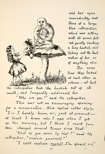 Alice gets advice from the Blue Caterpillar, illustration from Alice