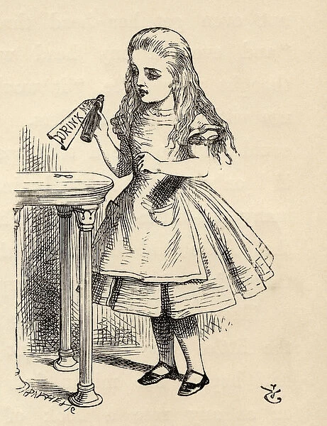 Alice peering at the Drink Me bottle, from Alices Adventures in Wonderland