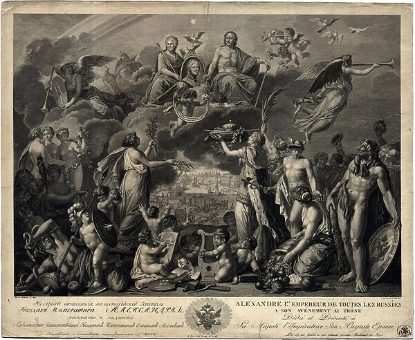 Allegory on the accession to the throne of Emperor Alexander I par Avril, Jean-Jacques (1744-1831). Copper engraving, 1805, State History Museum, Moscow