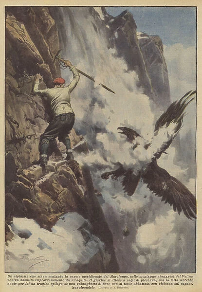 An alpinist who was climbing the southern face of the Murolungo, in the Abruzzo mountains of... (colour litho)