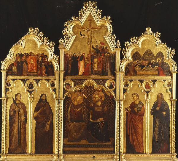 An Altarpiece in three Sections: Center: The Coronation of the Virgin
