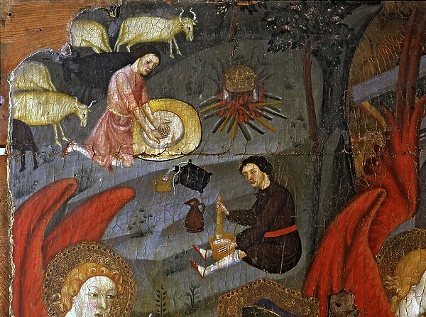 Altarpiece of the Virgin, Annunciation, making cheese by the shepherds, detail, 14th century (tempera on panel)