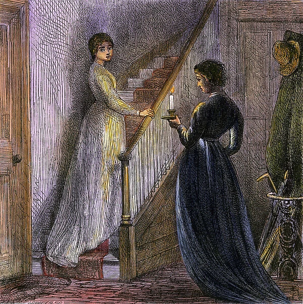 American daily life: the climb of the stairs with the glow of candles, two young sisters head to the floor at night to go to their room, around 1800. Colour engraving, 19th century