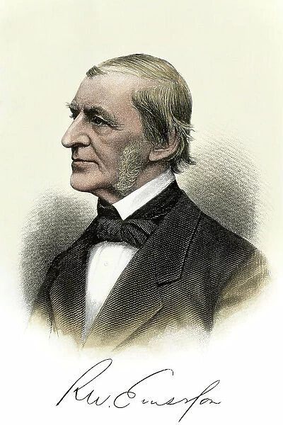American essayist and transcendentalist (transcendantalism) Ralph Waldo Emerson (1803-1882), with autograph. Hand-colored engraving of a 19th-century portrait