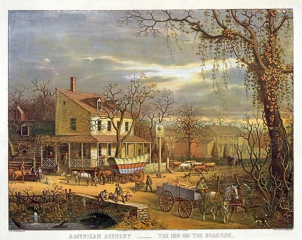 American Scenery - The Inn on the Roadside, pub. 1872 (colour litho)