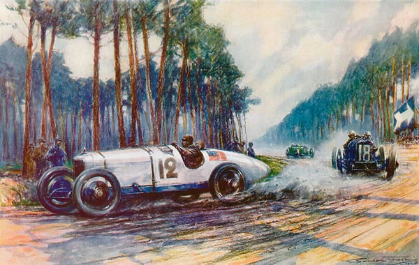 Americas first success in a Grand Prix occurred when Jimmy Murphys Duesenberg was successful at Le Mans in 1921 (colour litho)