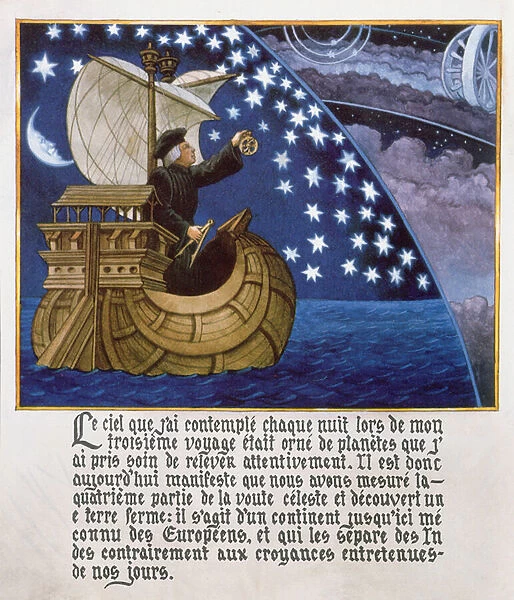 Amerigo Vespucci navigating by the stars on his 3rd voyage (colour litho)