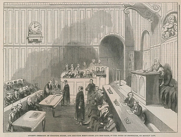 Ancient ceremony of chopping sticks and counting horse shoes and hobnails in the Court of Excise (engraving)