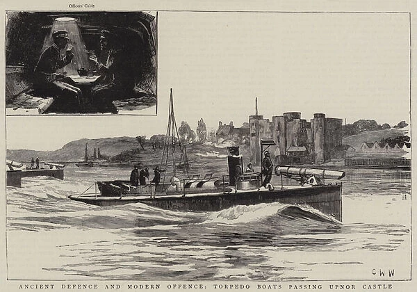 Ancient Defence and Modern Offence, Torpedo Boats passing Upnor Castle (engraving)