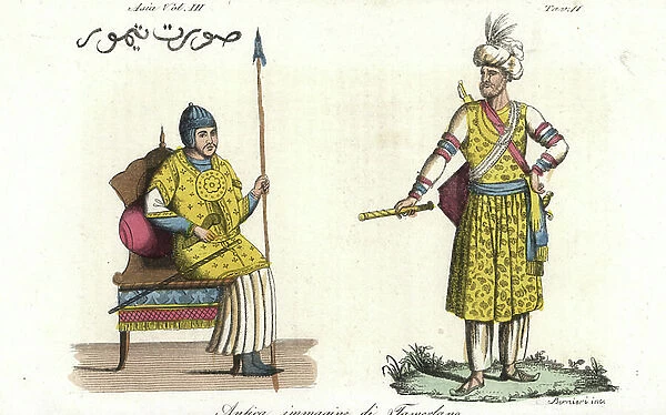 Ancient depictions of Tamerlane or Timur, Turkey-Mongol conqueror. Handcoloured copperplate engraving by Andrea Bernieri from Giulio Ferrario's Ancient and Modern Costumes of all the Peoples of the World, Florence, Italy, 1844