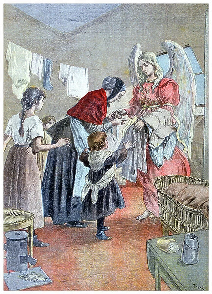 An angel of charity bringing help to a poor family, 1899