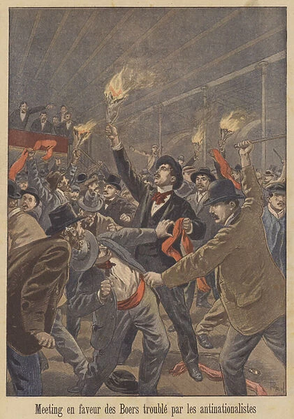 Anti-nationalists disrupting a meeting in support of the Boers in Paris (colour litho)