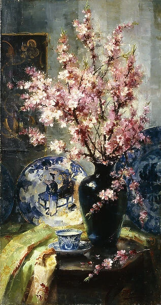 Apple Blossoms and Blue and White Porcelain on a Table, (oil on canvas)