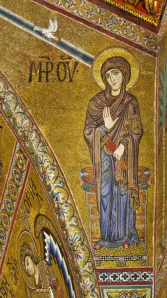 Apse: Announciate Virgin, Byzantine mosaic with a golden background in the tympanum of the apse (mosaic)