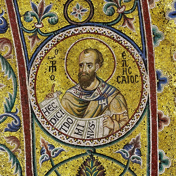Apsidal arch: Prophet Eliseus, byzantine school mosaic with a golden background (mosaic)