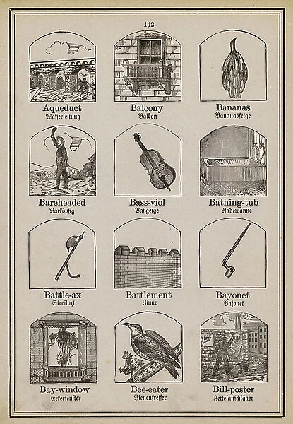 Aqueduct, Balcony, Bananas, Bareheaded, Bas-viol, Bathing-tub, Battle-ax, Battlement, Bayonet, Bay-window, Bee-eater, Bill-poster (engraving)