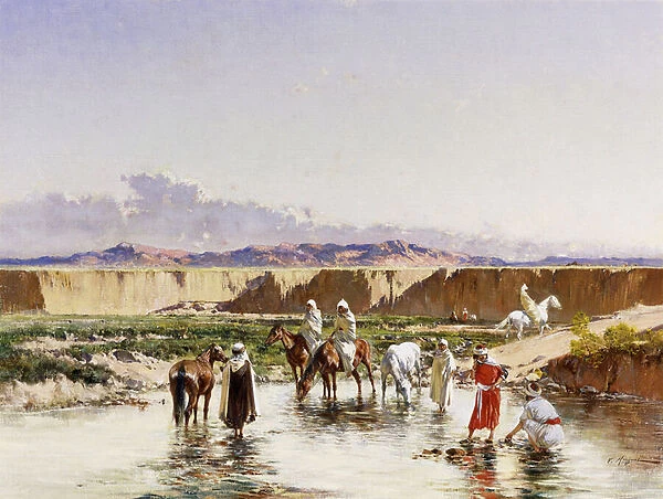 Arab Horsemen watering in an Oasis, (oil on canvas)