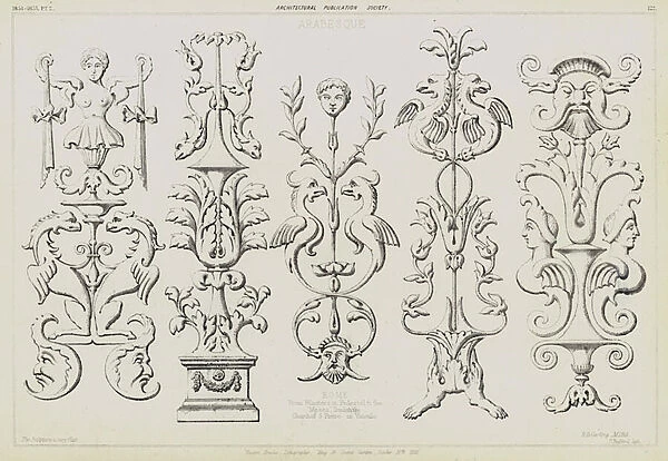 Arabesque pilasters from the tomb of Pope Julius II by Michelangelo in the Church of San Pietro in Vincoli, Rome, Italy (litho)