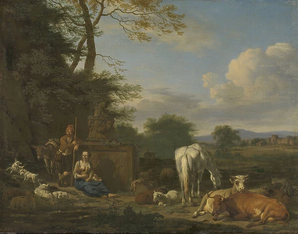 Arcadian Landscape with resting Shepherds and Animals, 1664 (oil on canvas on panel)