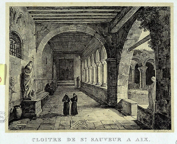 Archiecture: view of the cloitre of the cathedrale Saint Sauveur in Aix en provence. Lithograph of the 19th century. Musee Arbaud, Aix en provence