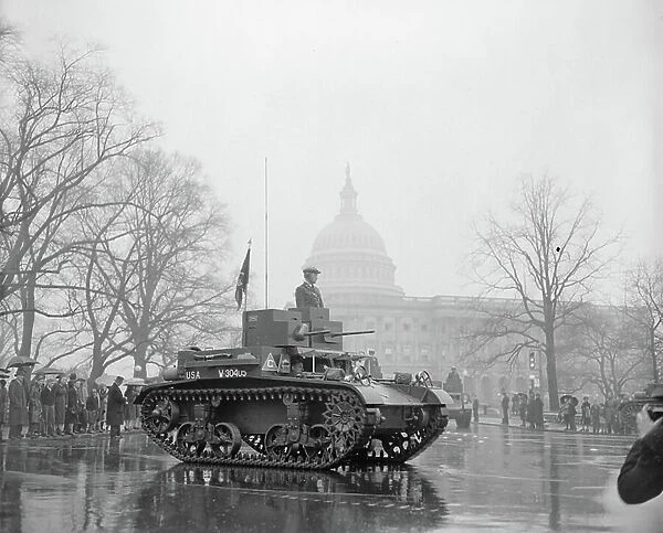 Army Tank and U. S. Capitol Building, Army Day Parade, Washington DC, USA, April 1939 (b / w photo)