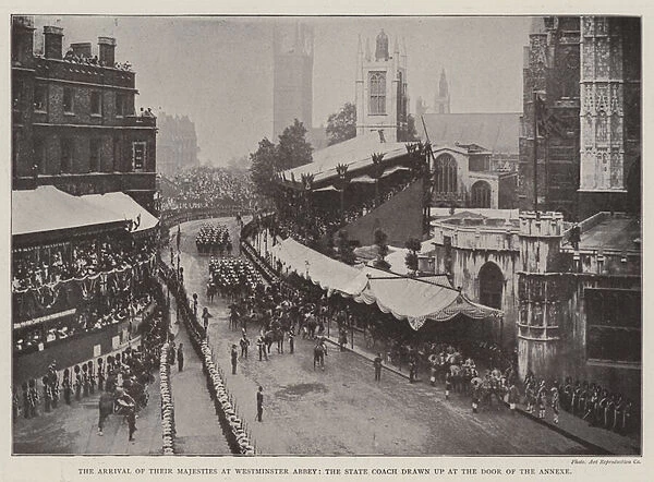 The Arrival of Their Majesties at Westminster Abbey, the State Coach drawn up at the Door of the Annexe (b  /  w photo)