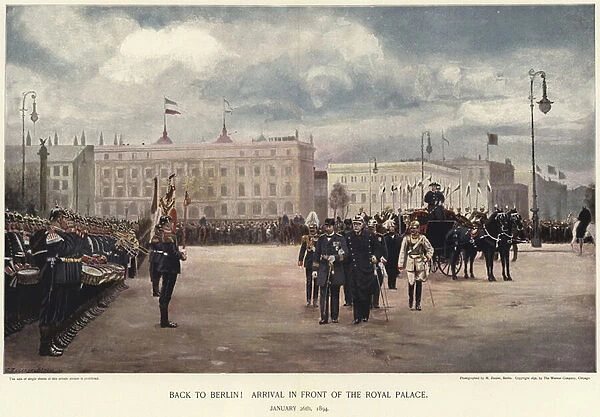 Arrival in front of the Royal Palace (colour litho)