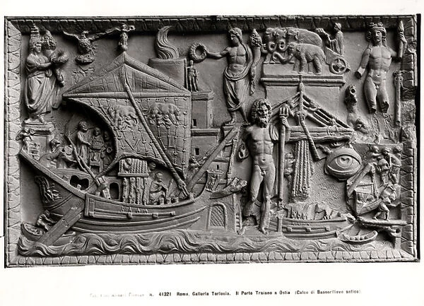 Arrival of a ship in Trajans Port, Ostia, c. 200 AD (stone) (b  /  w photo)