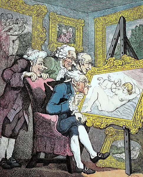 Art connoisseur, English caricature about the lust of men by Thomas Rowlandson, circa 1800