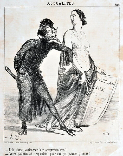 Artwork by Honore Daumier (1808-1879). Charivari whole page News 'Beautiful lady will you accept my arm? 'LIBRARY OF THE ALCAZAR, MARSEILLE