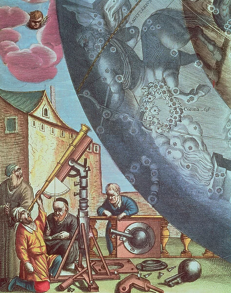 Astronomers looking through a telescope, detail from a map of the constellations