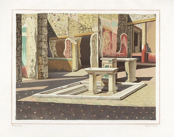 Atria of the new fullonica (fuller's shop), Regio VI, Insula XIV, 21. Chromolithograph by Victor Steeger after an illustration by Geremia Discanno from Emile Presuhn (1844-1878) The Most Beautiful Paintings of Pompeii, Leipzig, 1881