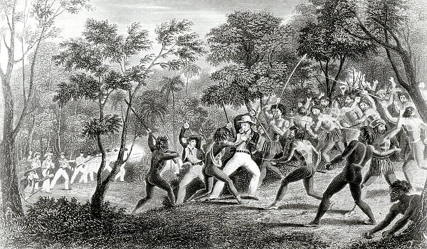 Attack of the Natives of Gambier Islands, engraved by Edward Finden, 1831 (engraving)