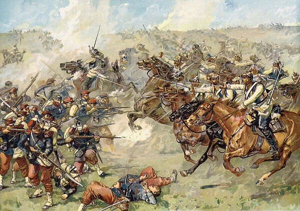Attack by Prussian cuirassiers at Vionville, Battle of Mars-le-Tour, 16 August 1870 (chromolitho)