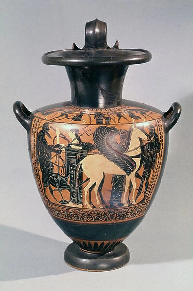 Attic black figure hydria depicting a departure scene, c. 530-520 BC (pottery)