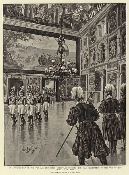 An Audience Day at the Vatican, the Popes Bodyguard crossing the Sala Clementina on the Way to the Audience Chamber (litho)