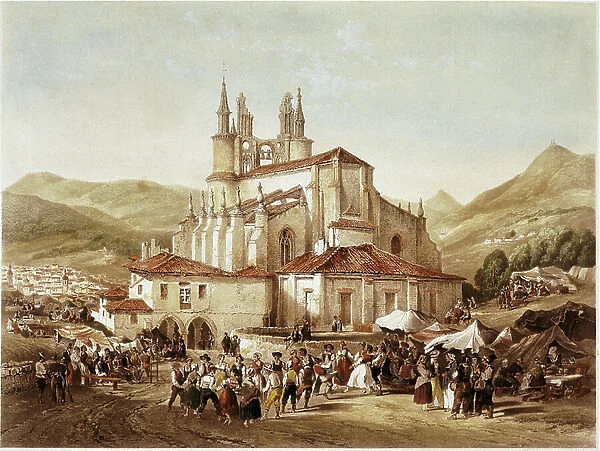 A aurrescu in Begona (Bilbao). Typical popular dance in the Basque Country, 1842-50 (lithograph)