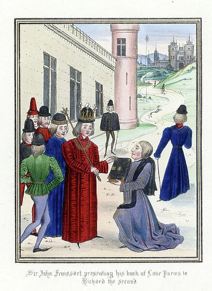 The author Jean de Froissart presents his book of love poems to King Richard II of England (1367-1400), in 1395 - Lithography after the manuscript enluminated by John (Jehan) Froissart (1337-1404), 1868 - Sir John Froissart